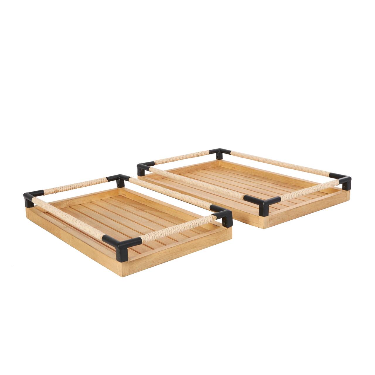 Brown Wood Slatted Tray with Elevated Woven Sides & Black Metal Corners Set